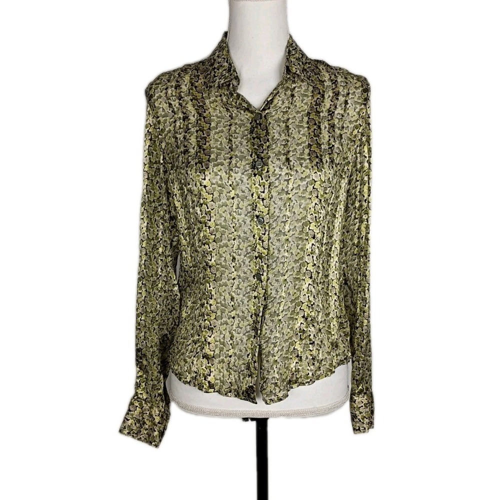Calvin Klein Green Floral Long Sleeve Silk Blouse Size 4